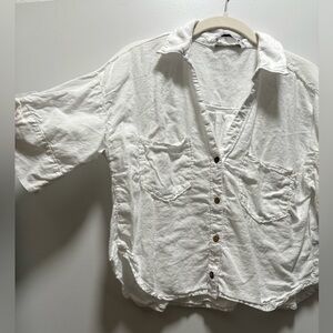 Zara short sleeve, white linen cropped button up size small